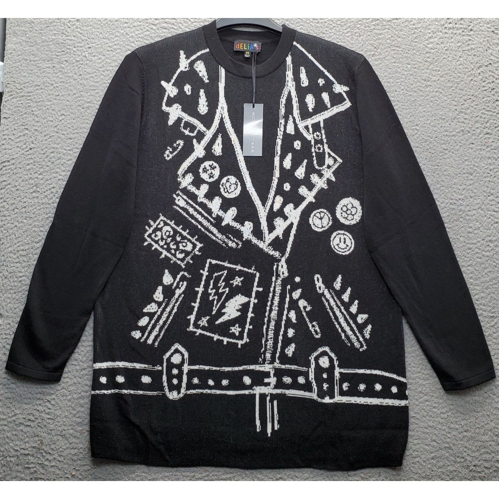 Delia's Sweater Womens Medium Black Tight Knit Moto Jacket Print Long Sleeve